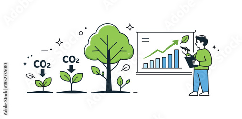 Carbon offset and growth. Trees or plants growing next to reduced CO? symbols while a person tracks progress on a chart. An optimistic metaphor for long-term