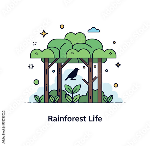 Landscapes and habitats tropical rainforest illustration with a compact layered canopy of broad leaves and a small bird silhouette nestled within, expressing