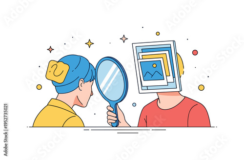 Healing through reflection figure looking into a handheld mirror where instead of a face, layered photo frames appear inside the reflection. A symbolic