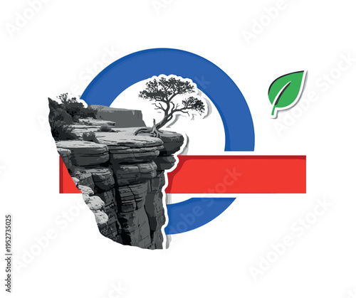 Black and white canyon edge with small tree clinging to rock, oversized vivid blue circle framing the tree for contrast, bold red rectangular strip cutting
