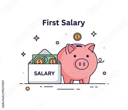 First salary savings concept illustrated by a piggy bank placed beside a small envelope labeled Salary with a few coins visible, symbolizing responsible money