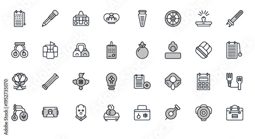 Collection of Thin Line Icons Representing Various Objects and Concepts.
