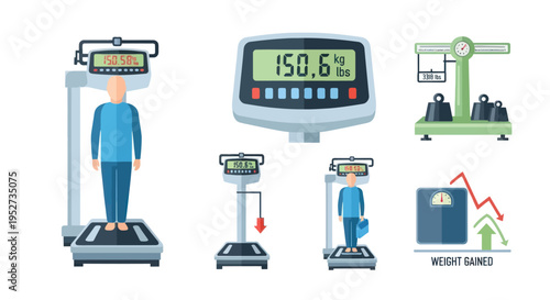 Collection of various weighing scales and weight measurement devices.