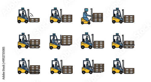 Yellow forklift truck moving wooden pallets illustration set.