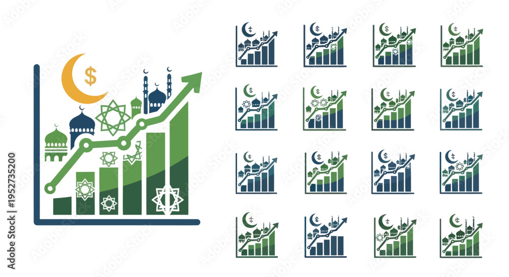 Obraz premium Islamic Finance Growth Chart with Crescent Moon and Mosque.
