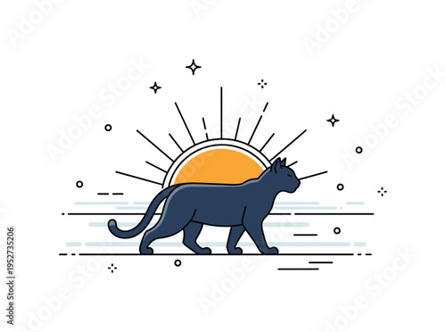 Wildcat silhouette against a rising sun symbolizing freedom and primal energy. Soft horizon lines and tiny star accents enhance the bold yet minimal outdoor
