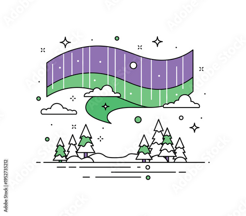 Aurora borealis above the taiga with glowing green and purple waves illuminating the snowy forest, highlighting magic, natural wonder, and northern skies.