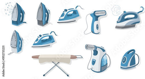 Collection of Various Irons and Ironing Board Depicting Different Types and Styles for Garment Care.