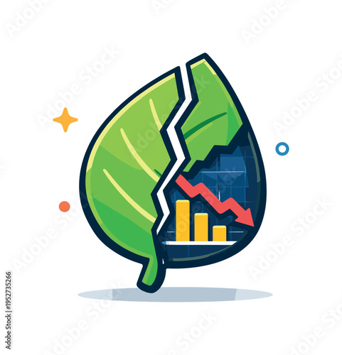 Carbon accounting fraud impacting investors depicted as a leaf-shaped badge cracking to reveal a financial graph beneath, expressing conflict between