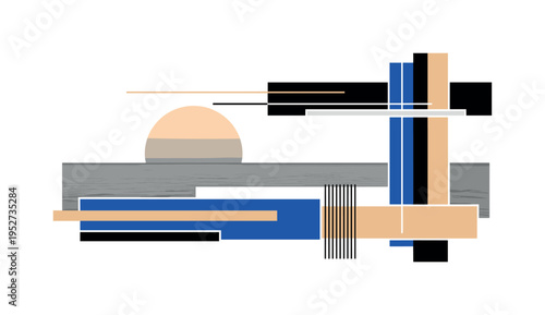 A monochrome horizon line dividing sea and sky, large flat circular sun overlapping the edge, thin linear accents and abstract rectangular blocks structuring