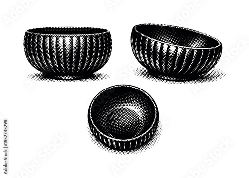 Bowl ? decorative ribbed bowl with subtle vertical grooves and rounded silhouette, represented in frontal view, three-quarter angle, and top-down view. Black