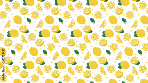 Seamless Lemon Pattern with Fresh Citrus Slices and Whole Fruits on Light Background for Summer Design, Textile, Wallpaper, and Packaging
