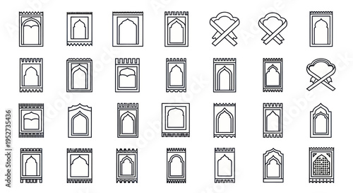 Islamic Prayer Rugs and Quran Stands Line Art Icons Set.