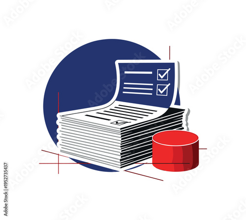 Monochrome stack of documents with visible abstract checkmarks, white outline creating sticker effect, large deep blue abstract circle partially overlapping