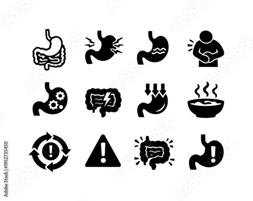 Digestive Distress. Solid icon set of Digestive Distress: digestive tract outline, stomach irritation, acid waves, internal discomfort, digestive imbalance,