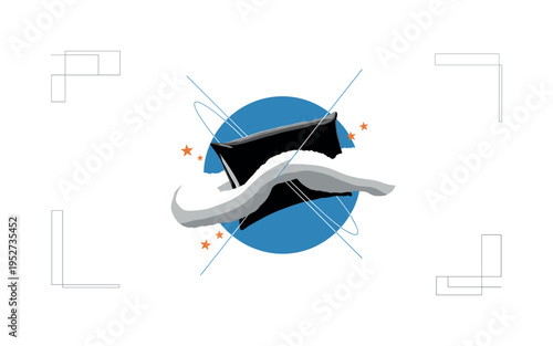 Black and white pillow transforming into abstract cloud-like shape mid-fluff, large flat blue circle intersected by thin curved lines, small orange star icons