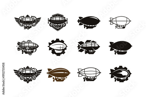 steampunk style. Icon set. Set Logo of steampunk style: airship. harmonious logo variations of the same emblematic concept, each with different artistic