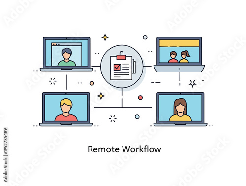 Healthy delegation remote team coordination illustrated by a central task icon connected with thin lines to laptop screens representing distributed members,