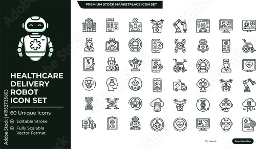 Healthcare delivery robot line icon set with medical automation telemedicine logistics robots and smart hospital service symbols