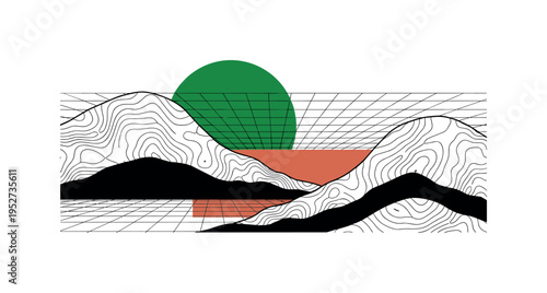 black and white panoramic hills overlapping in perspective, vivid forest green circle intersecting with warm terracotta geometric blocks, thin structured grid