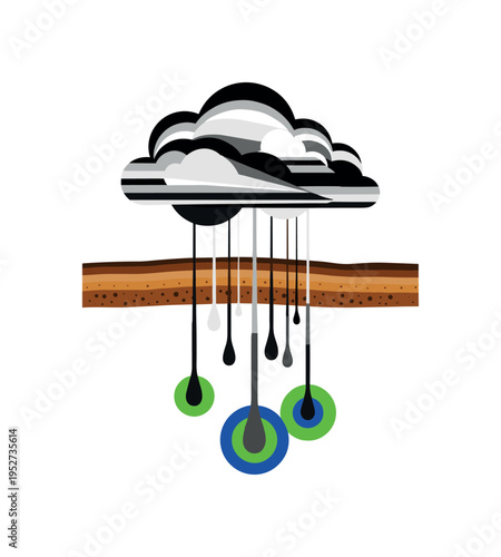 Black and white rain cloud above soil cross-section, abstract cylindrical raindrops penetrating the layers, concentric circles forming underground nutrient