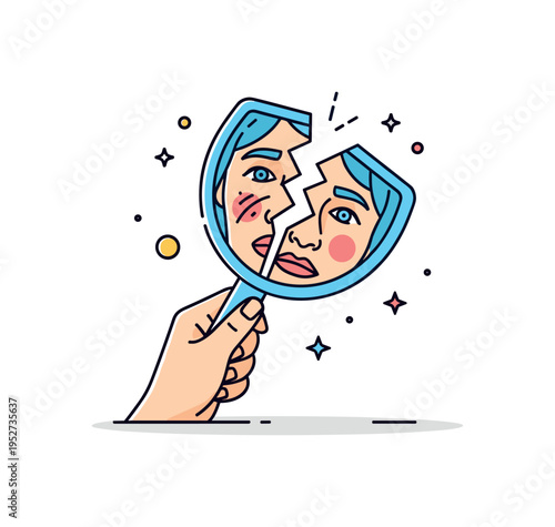 Emotional stress reflection broken hand mirror capturing a warped facial image that suggests pressure and insecurity. The fractured geometry builds a clear