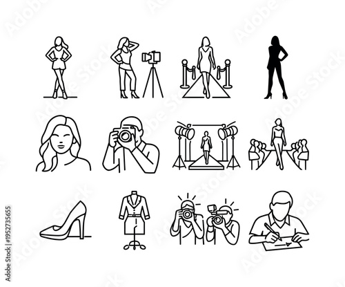 Celebrity Model. Line icon set of Celebrity Model: runway walk model, fashion photoshoot pose, red carpet walk, model silhouette standing, model portrait pose,