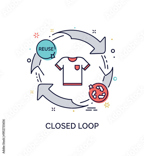 Circular fashion systems sustainable clothing lifecycle illustrated by a simple t shirt icon encircled with smooth rotating arrows, expressing reuse, repair,
