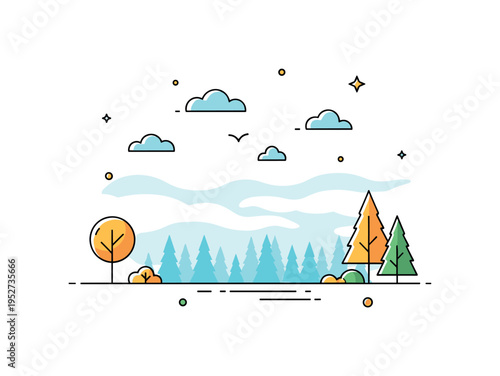 Calm skies with soft mist hovering above a quiet forest, highlighting tranquility, introspection, and a gentle natural environment. Minimalist flat vector