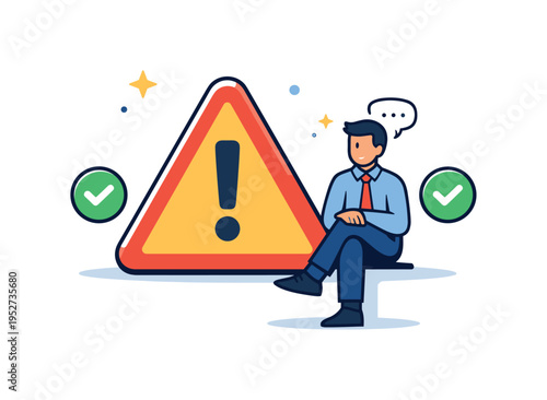 Risk manager warning triangle conveyed through a calm character seated beside a prominent alert triangle with subtle check icons, reflecting vigilance,