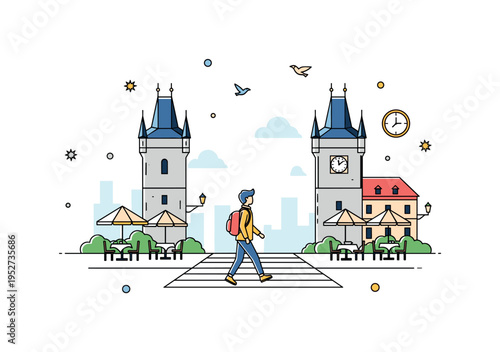 Morning walk through European square depicted with a person crossing an open plaza framed by historic towers and cafe umbrellas, expressing relaxed travel and
