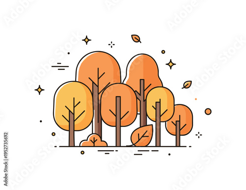 Autumn grove landscape illustration built around clustered trees with warm leaf tones and a subtle fallen leaf accent, symbolizing transition and seasonal