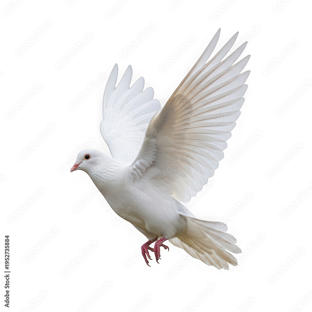 Fototapeta premium A white dove is flying in the air with its wings spread wide open isolated on transparent background