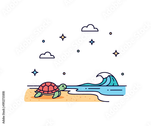 Turtle on sandy shore small sea turtle moving slowly across a smooth shoreline with a minimal wave curve and subtle star accents in the sky. A soothing concept