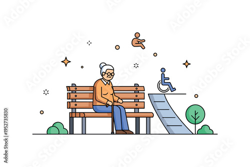 Designing for aging populations in urban settings showing an elderly person using a park bench with accessible pathways, small decorative icons highlighting