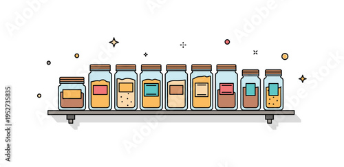 Organized pantry jar system theme showing uniform glass containers with subtle label accents lined up on a minimal shelf, symbolizing clarity and easy access.