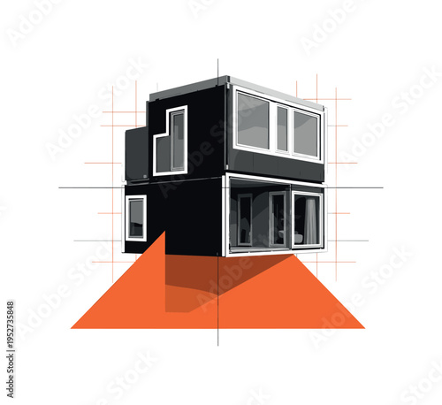 Black and white prefabricated home facade partially assembled, oversized orange triangle beneath forming stable base, thin grid lines referencing architectural