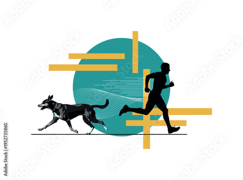 minimalist monochrome dog running freely beside athlete silhouette, contrasted by bold teal circular backdrop and mustard yellow rectangular shapes, thin
