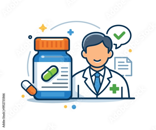 Pharmacy consultation moment expressed as a pill bottle highlighted next to a pharmacist icon, suggesting guidance, expertise and patient support. The mood is