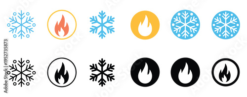 Hot and cold sign, fire and snowflake vector icon, circular design illustrating ice and fire, ideal for apps, websites, weather indicators, and temperature-related user interfaces.