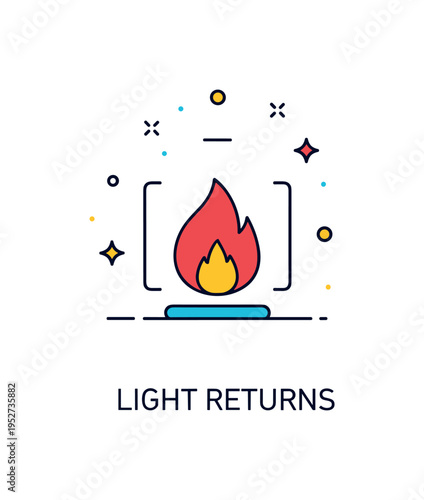 Symbol of rising from darkness depicted by a small flame glowing within a protective outline. A compact ?Light Returns? caption and clean geometry highlight