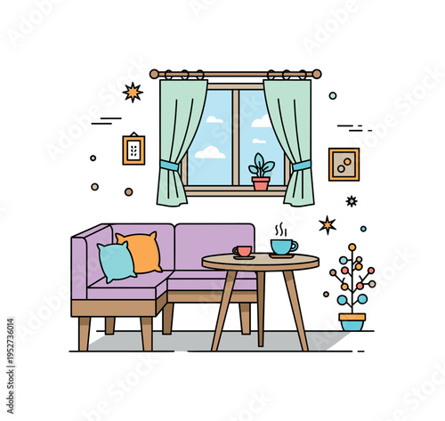 Country style breakfast nook with a corner bench, small round table and a window framed by light curtains, conveying quiet morning moments and homely comfort.