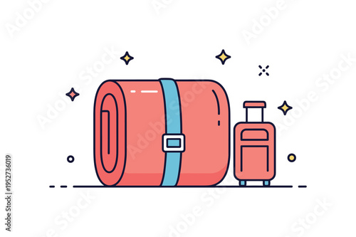 Travel blanket compact rolled blanket secured with a strap and small suitcase icon beside it, conveying portability and comfort on the go. Minimalist flat
