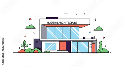 Modern estate architecture illustrated by a sleek geometric house form with large window shapes and minimal landscaping icons, expressing contemporary design
