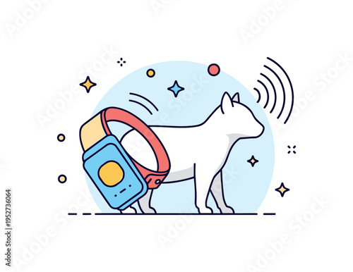 Wildlife GPS tracking concept featuring a simplified collar device beside an animal silhouette with a subtle signal wave accent, expressing