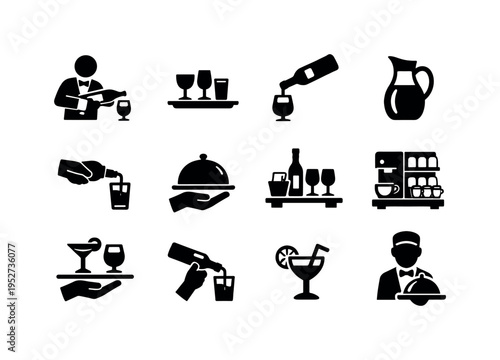 Beverage Service. Solid icon set of Beverage Service: server pouring drink, tray with glasses, wine bottle pour, water carafe, refill glass, service gesture