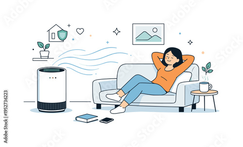 Wildfire smoke indoors protection. An air purifier running in a living room while a person relaxes nearby, expressing preventive care and safety.