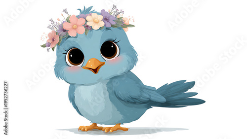 Adorable Blue Bird Wearing a Floral Crown, Perfect for Children's Books and Nature Themed Designs