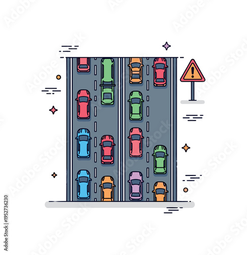 Highway congestion compact multilane road with closely spaced vehicles and subtle warning sign nearby, expressing heavy traffic flow and long travel times.