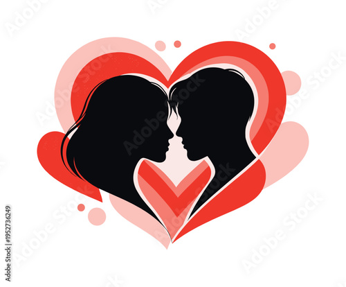 Modern graphic collage depicting a generic comic romance moment without specific characters, black and white silhouettes of two faces leaning toward each